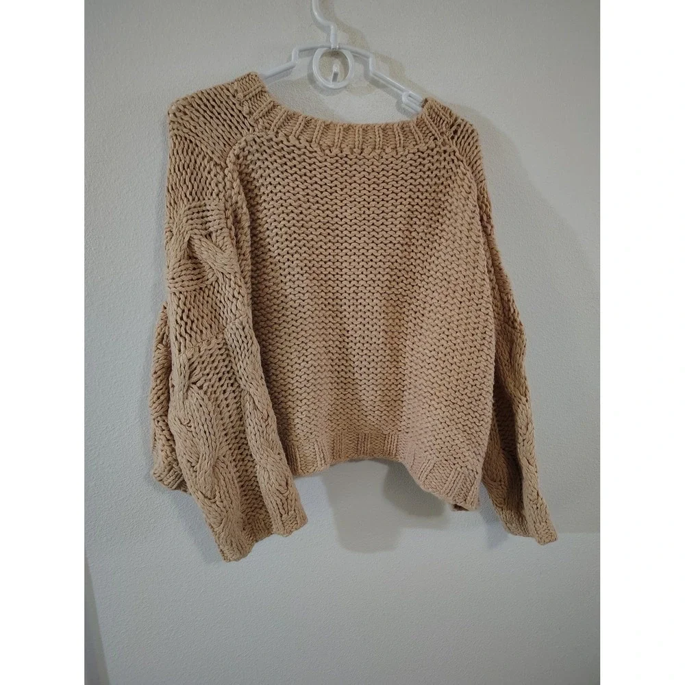 DressUp Hyfve Tan Chunky Cable Knit Cropped Sweater Small NWT